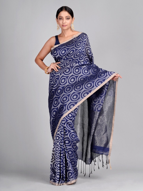 

Mitera Blue & Silver-Toned Zari Pure Linen Saree