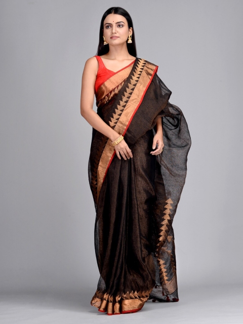 

Mitera Brown & Red Woven Design Zari Pure Linen Saree