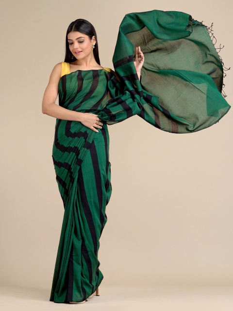 

Mitera Green & Black Striped Pure Cotton Saree