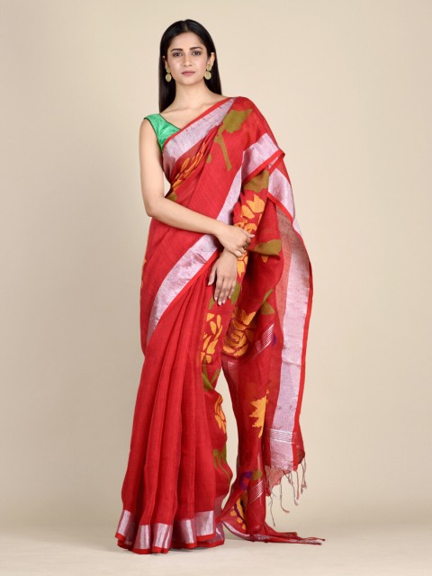

Mitera Red & Silver-Toned Woven Design Zari Pure Linen Heavy Work Saree