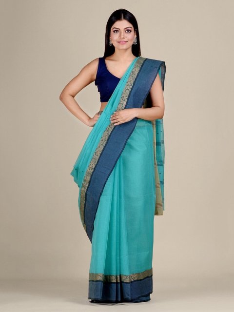 

Mitera Sea Green & Navy Blue Woven Design Pure Cotton Taant Saree