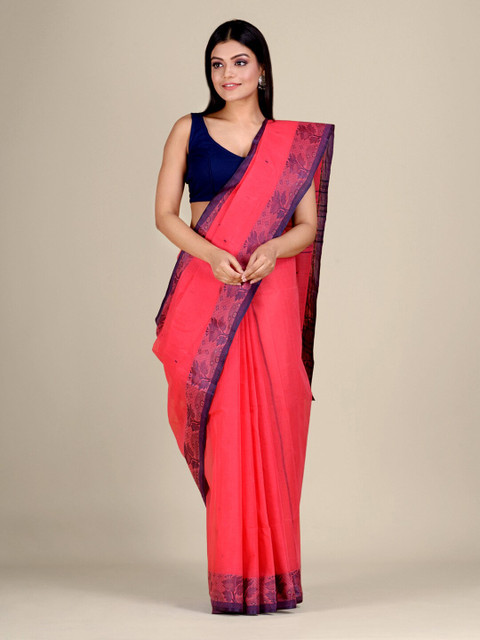 

Mitera Coral & Navy Blue Woven Design Pure Cotton Taant Saree