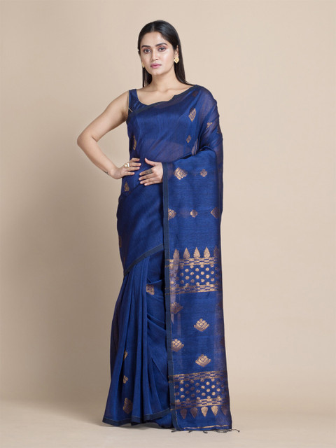 

Mitera Blue & Gold-Toned Floral Pure Linen Saree