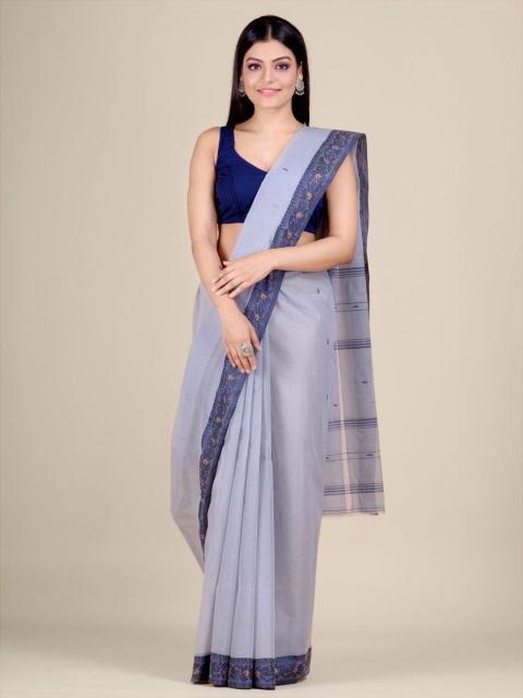 

Mitera Grey & Navy Blue Floral Pure Cotton Heavy Work Taant Saree