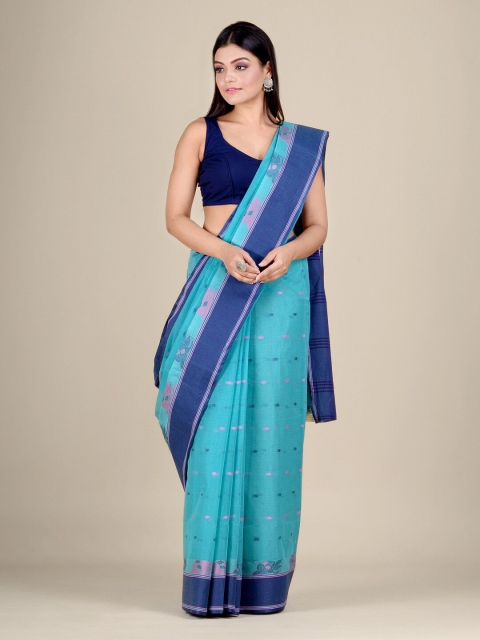 

Mitera Blue & Pink Floral Zari Pure Cotton Taant Saree