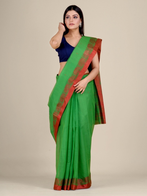 

Mitera Green & Red Woven Design Pure Cotton Taant Saree