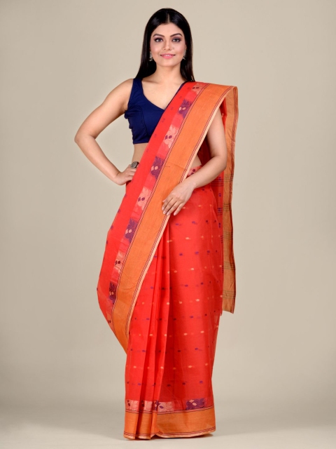 Mitera Coral & Purple Ethnic Motifs Pure Cotton Taant Saree