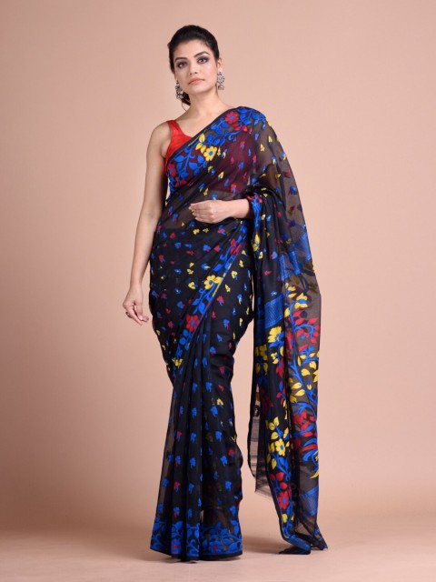 

Mitera Black & Blue Floral Silk Cotton Heavy Work Jamdani Saree