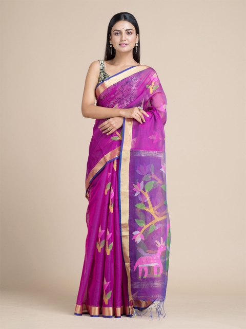 

Mitera Purple & Green Floral Zari Silk Cotton Saree
