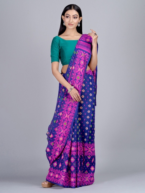 

Mitera Blue & Pink Floral Silk Cotton Jamdani Saree