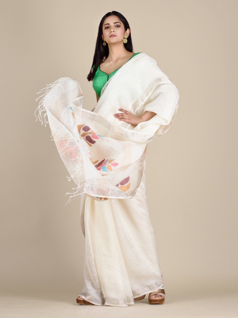 

Mitera White Woven Design Pure Linen Saree
