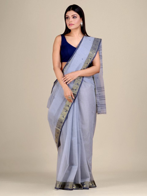 

Mitera Grey & Blue Floral Zari Pure Cotton Heavy Work Taant Saree