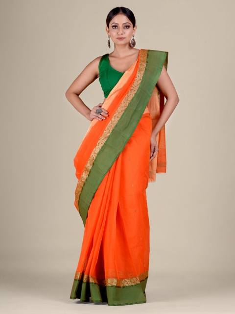 

Mitera Orange & Green Woven Design Zari Pure Cotton Heavy Work Taant Saree