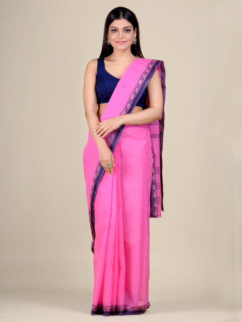 

Mitera Pink & Navy Blue Floral Pure Cotton Taant Saree