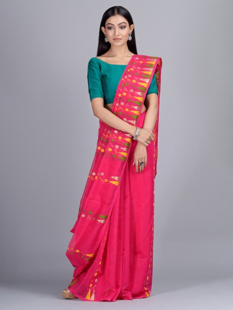 

Mitera Pink & Yellow Woven Design Silk Cotton Jamdani Saree