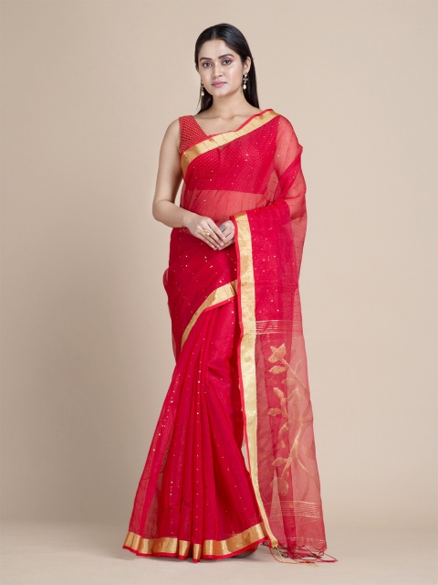 

Mitera Red & Gold-Coloured Embellished Zari Silk Cotton Saree