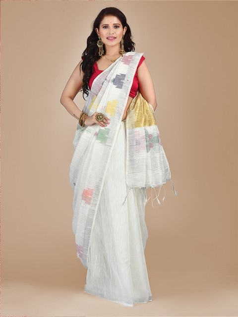 

Mitera White & Gold-Toned Floral Zari Saree