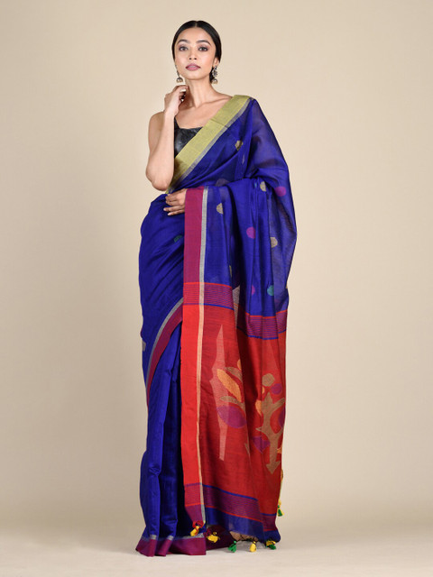 

Mitera Blue & Red Floral Zari Heavy Work Saree