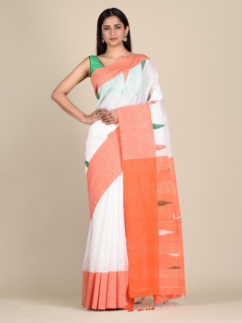 

Mitera White & Orange Ethnic Motifs Woven Saree