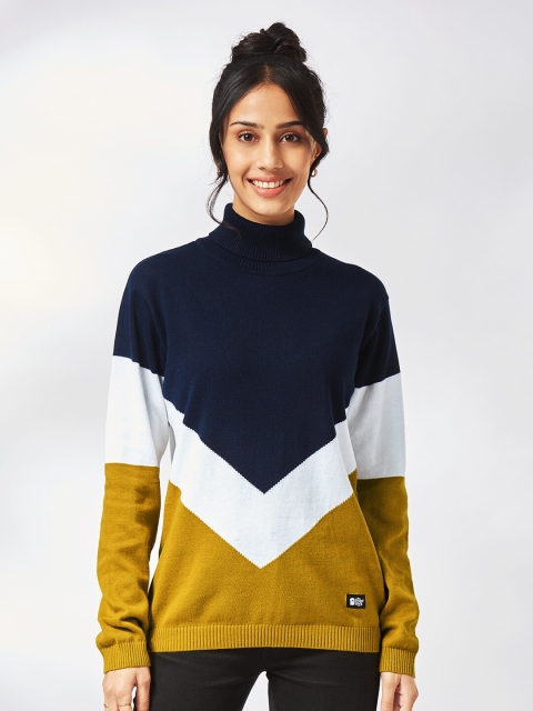 

The Souled Store Women Navy Blue & Mustard Colourblocked Pullover
