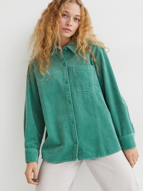 

H&M Women Green Solid Pure Cotton Corduroy Casual Shirt