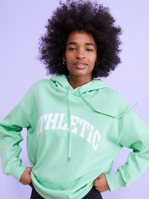 

H&M Women Mint Green Typography Long Sleeves Hoodie Sweatshirt