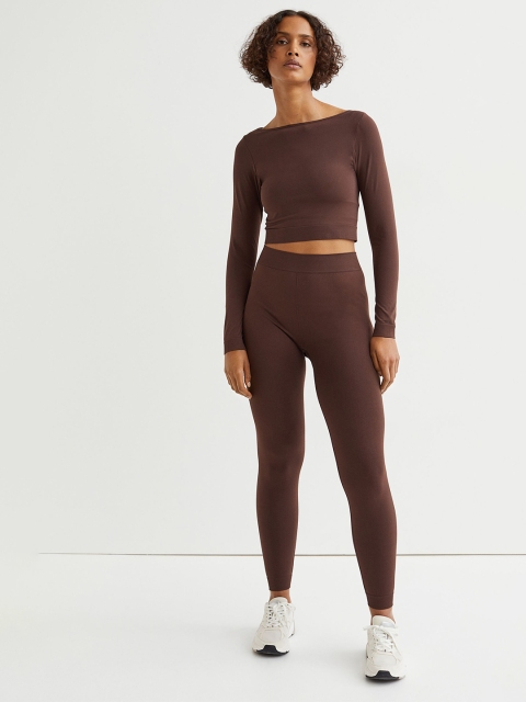 

H&M Women Brown Solid Boat Neck Seamless Sports Top
