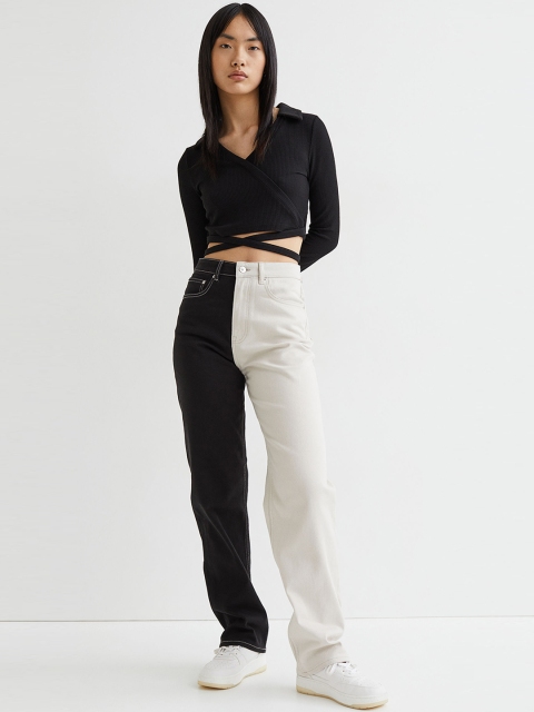 

H&M Women Black & White 90s Straight Baggy High Twill Trousers