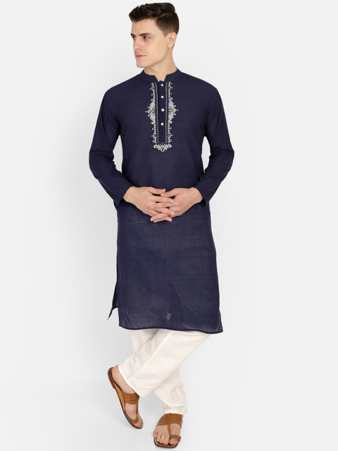 

PAROKSH Men Navy Blue Embroidered Thread Work Kurta