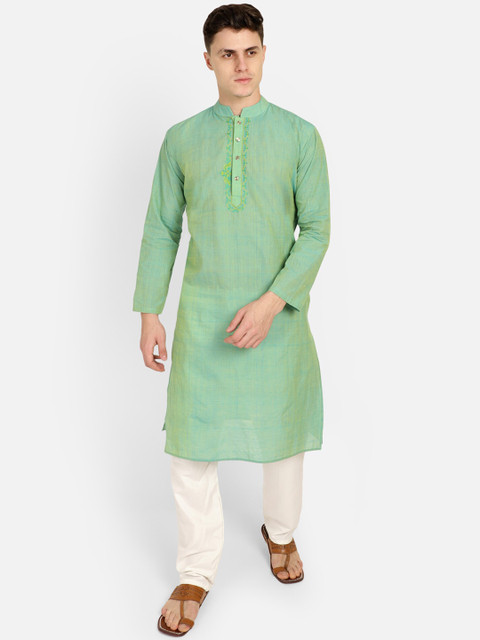 

PAROKSH Men Lime Green Thread Work Pure Cotton Kurta