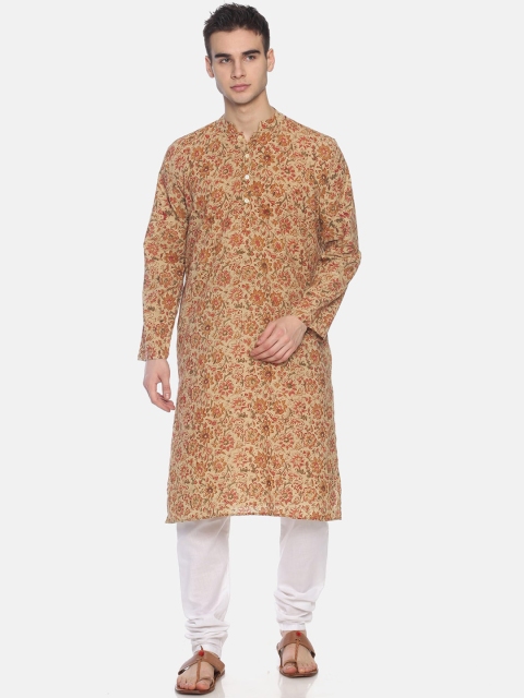 

PAROKSH Men Beige Floral Printed Handloom Straight Kurta