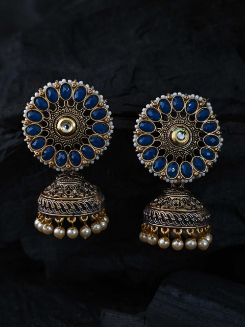 

justpeachy Blue & Copper-Toned Classic Jhumkas Earrings