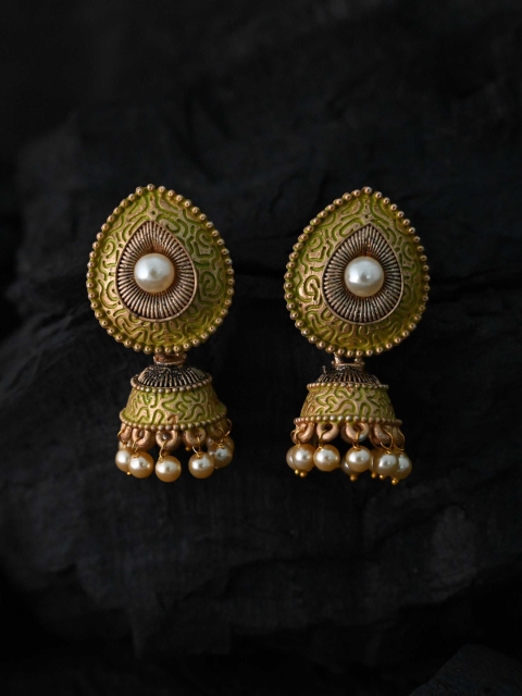 

justpeachy Green Gold-Plated Meenakari Classic Jhumkas Earrings
