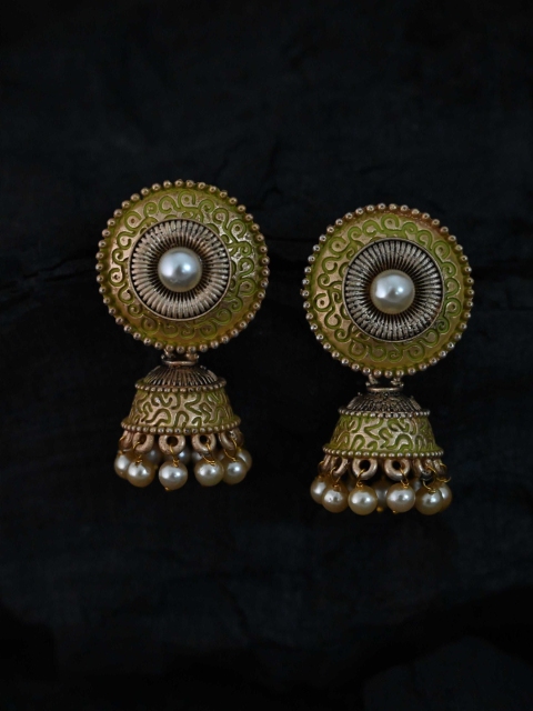 

justpeachy Green & Gold-Toned Classic Jhumkas Earrings