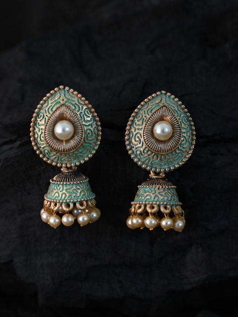 

justpeachy Green & Gold-Toned Dome Shaped Meenkari Jhumkas Earrings