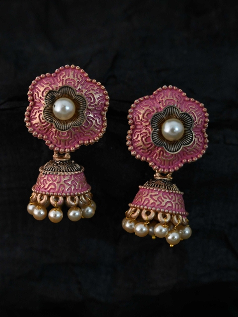 

justpeachy Pink Gold-Plated Meenakari Pearls Jhumkas Earrings