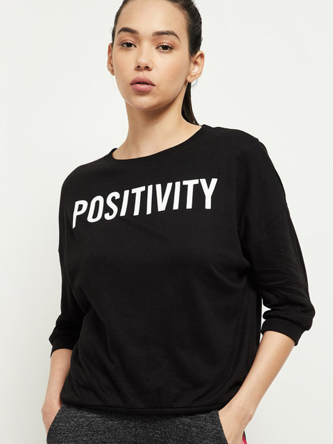 

max Women Black Typography Printed Drop-Shoulder Sleeves T-shirt