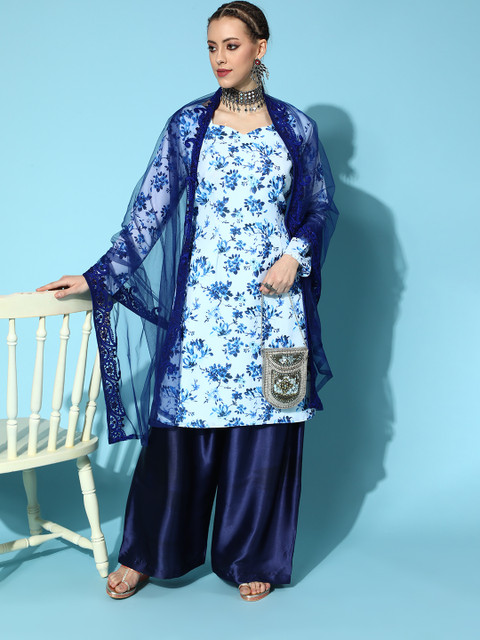 

RedRound Floral Poly-Georgette Short Kurti with Flared Pants, White