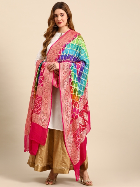 

Banarasi Style Multicoloured Woven Design Pure Silk Bandhani Dupatta with Zari, Multi