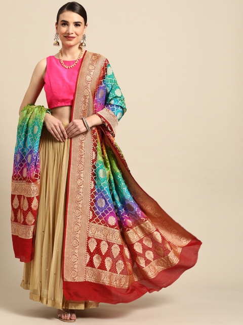 

Banarasi Style Multicoloured Woven Design Pure Silk Bandhani Dupatta with Zari, Multi