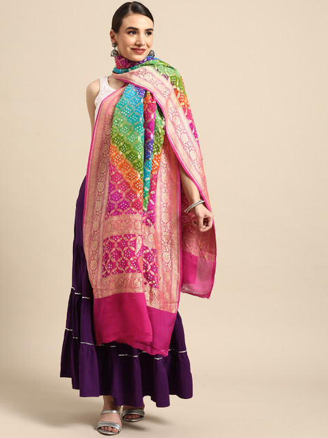 

Banarasi Style Multicoloured Woven Design Pure Silk Bandhani Dupatta with Zari, Multi