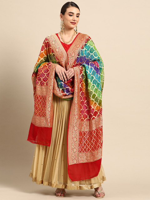 

Banarasi Style Multicoloured Woven Design Pure Silk Bandhani Dupatta with Zari, Multi