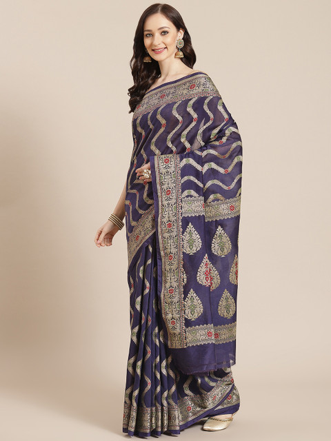 

Banarasi Style Womenn Navy Blue & Golden Ethnic Motifs Banarasi Saree