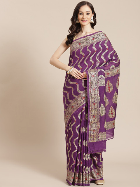 

Banarasi Style Women Purple & Golden Ethnic Motifs Banarasi Saree