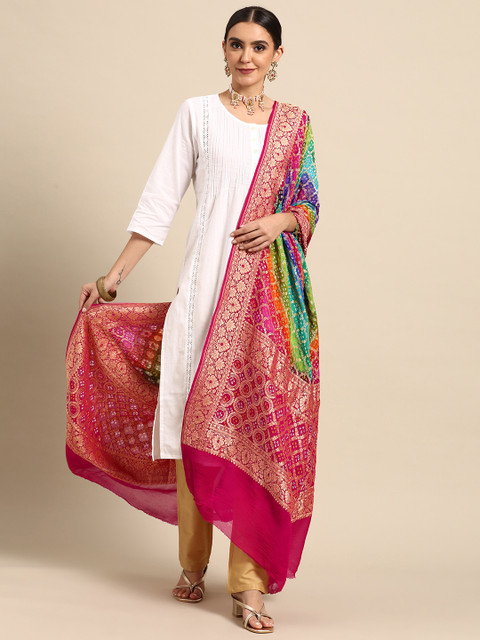 

Banarasi Style Multicoloured Woven Design Pure Silk Bandhani Dupatta with Zari, Multi
