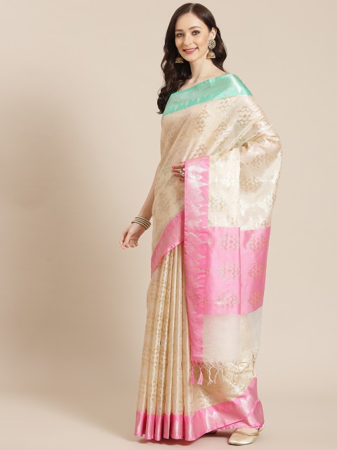 

Banarasi Style Women Cream-Coloured & Pink Ethnic Motifs Banarasi Saree