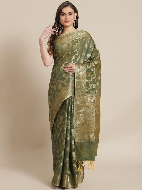 

Banarasi Style Women Green & Golden Silk Cotton Zari Woven Design Banarasi Saree