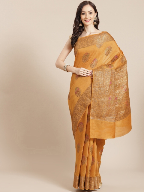 

Banarasi Style Mustard Yellow Floral Pure Silk Muga Saree