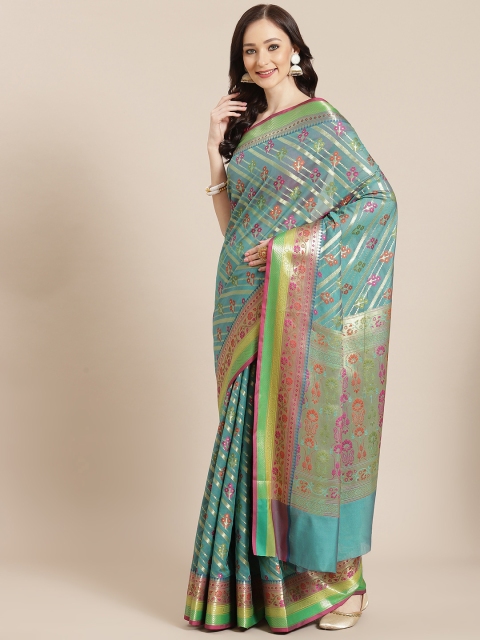 

Banarasi Style Women Green & Pink Ethnic Motifs Banarasi Saree
