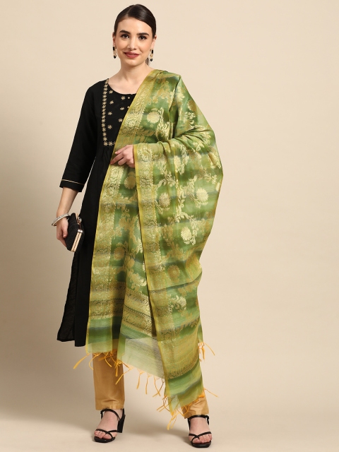 

Banarasi Style Green Woven Design Cotton Silk Dupatta with Zari